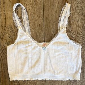 Pretties Venice White Pointelle Crop Tank Top w Lace Trim & Blue Rosette